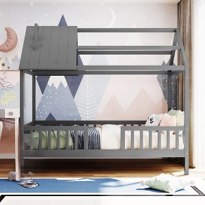 Twin Size Solid Wood Bedframe, House Bed With Fence, No Box Spring Needed W/Roof For Kids, Teens, Boys, Girls Kidroom 78.3"L x 41.7"W x 71.2"H - 1 of 4
