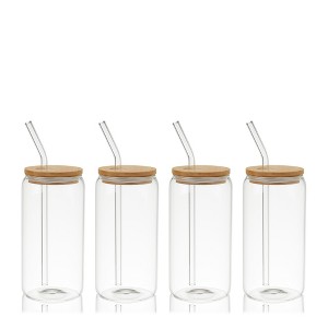 True Everyday Glass Cups with Lids and Straws, Iced Coffee Cups w/ Bamboo Lids, Kitchen Gifts, Beer Can Cocktail Glasses or Drinking Glasses Set of 4 - 1 of 4