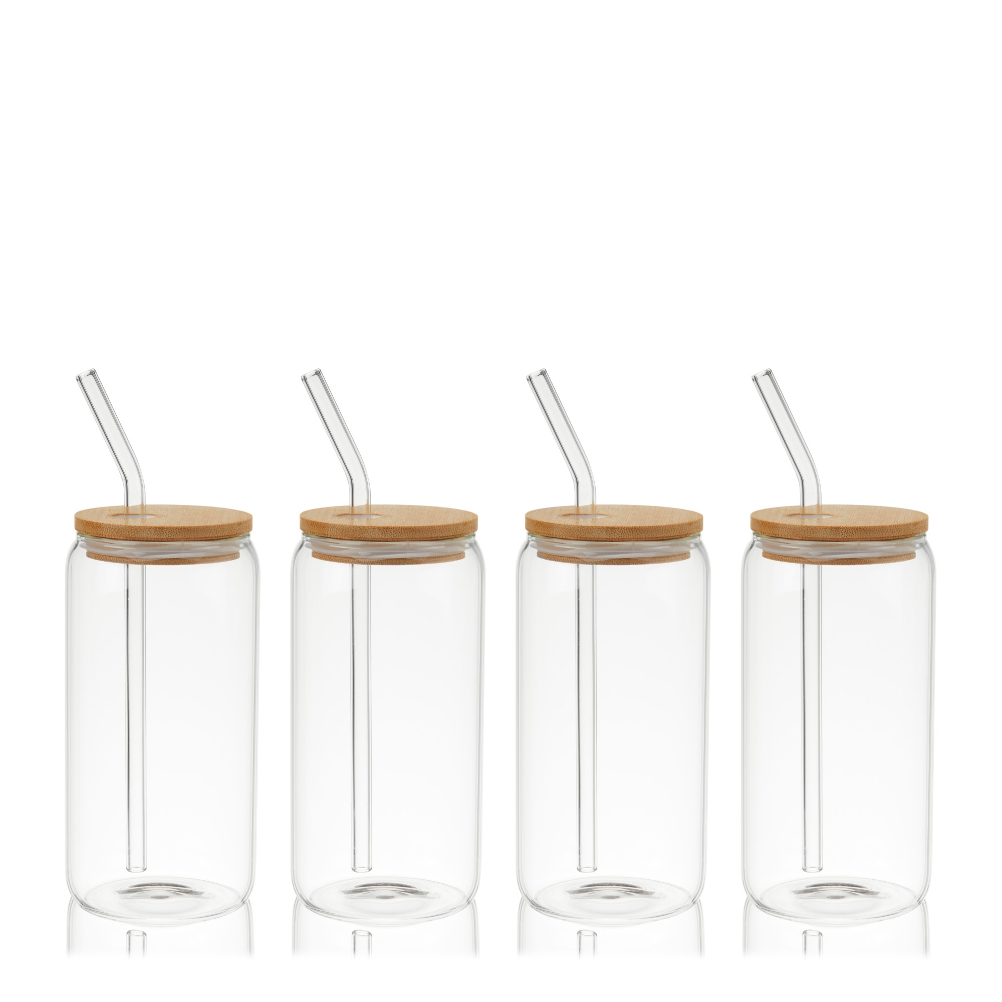 True Everyday Glass Cups with Lids and Straws, Iced Coffee Cups w/ Bamboo Lids, Kitchen Gifts, Beer Can Cocktail Glasses or Drinking Glasses Set of 4