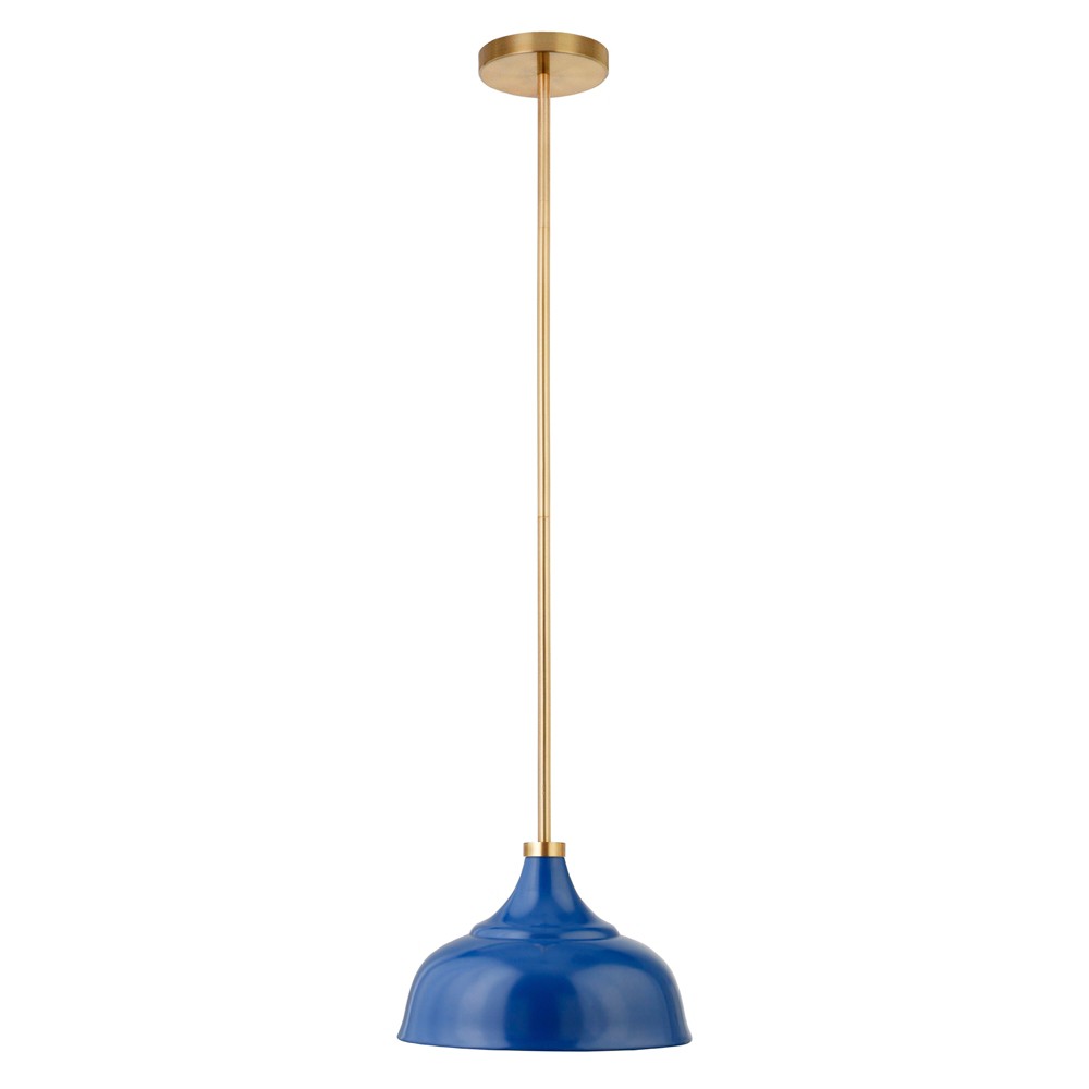 Hudson and Canal 10.75" Wide Pendant with Metal Shade Blue/Brass: Industrial Style, UL Listed, Adjustable Height