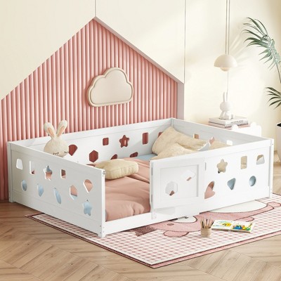 Floor Bed with Heightened Safety Guardrails and Door, Solid Wood Bedframe with Rails for Girls