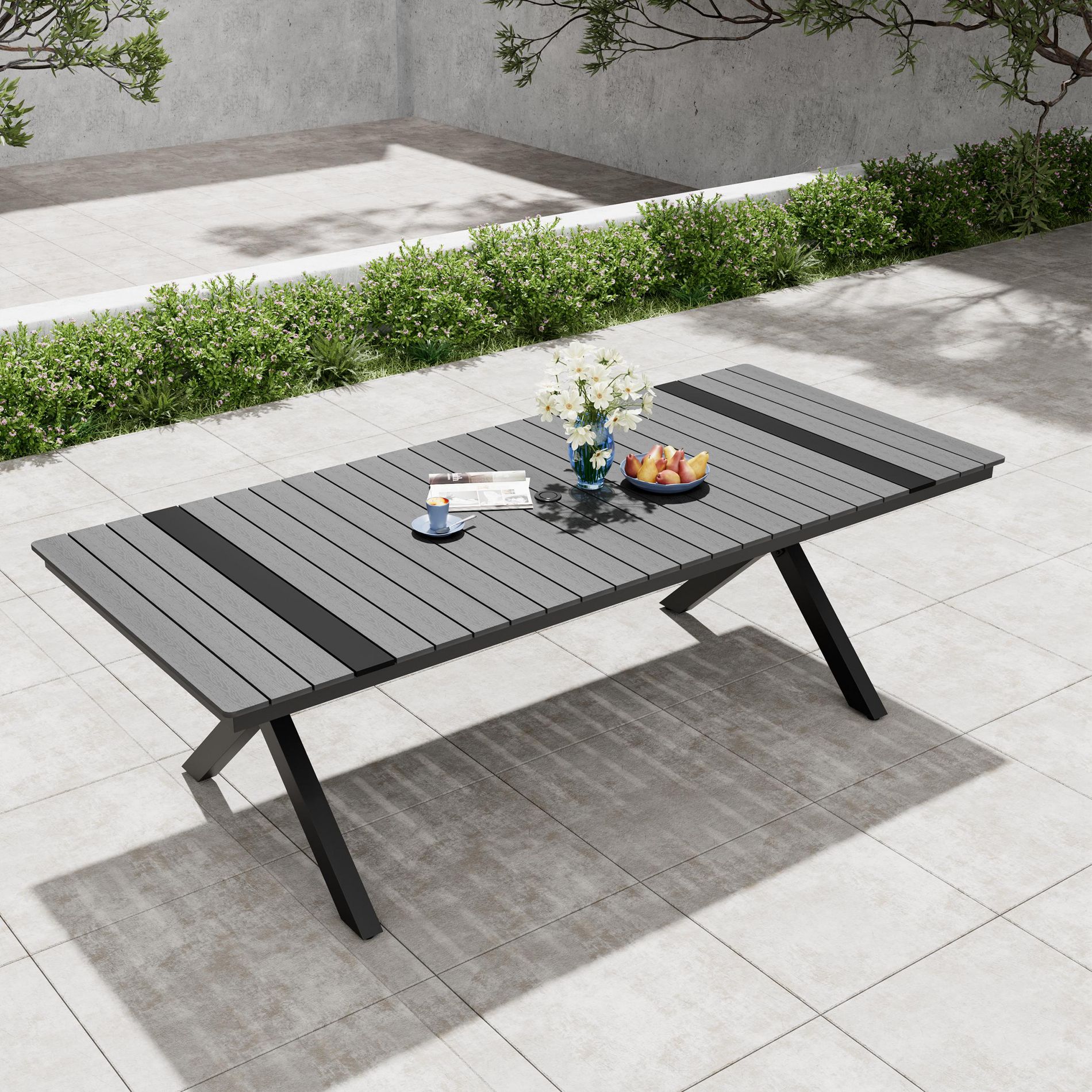 Pellebant 94.3-Inch Outdoor Dining Table X-Shaped Legs Wood-Look Top Aluminum Frame Umbrella Hole Gray