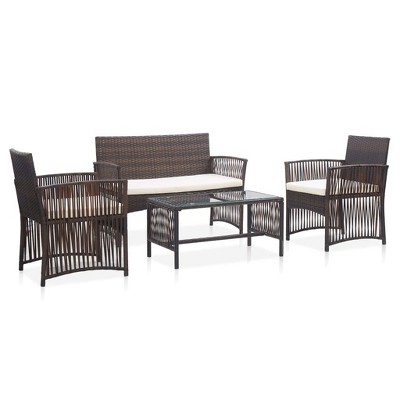 vidaXL 4 Piece Patio Lounge Set - Brown Poly Rattan Outdoor Furniture with Cream White Cushions, Powder Coated Steel Frame Complete with Bench