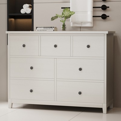Luck Live The bathroom storage cabinet is 44.88 in ches in size, has seven drawers, and is in an off-white color.