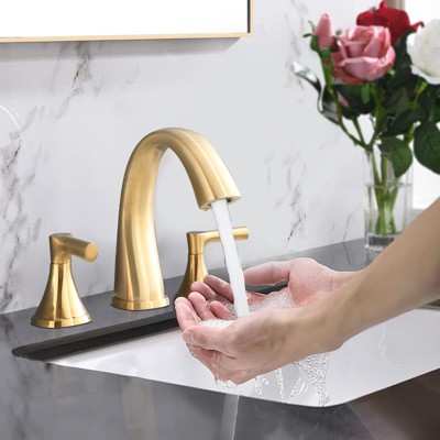 Vynxaria Widespread Bathroom Sink Faucets Two Handle 3 Hole Vanity Bath Faucet  with Drain Assembly (Brushed Golden)