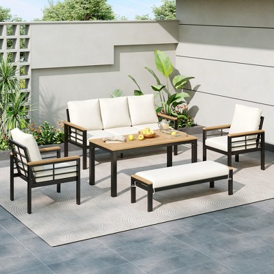 5 PCS Outdoor Furniture Set Patio Set Patio Conversation Set with Table, 3-Seat Sofa, Armchair, Bench and Cushions, Black+Beige-ModernLuxe