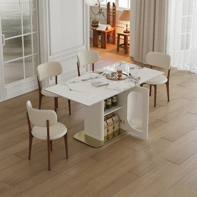 PAGED 63" Dining Table Rectangle Kitchen Table with Storage Shelf and Acrylic Door, Living Room Table with Sintered Stone Top for 4/6 Person