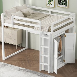 Whisen Wood Full Size Loft Bed with Built-in Wardrobe, Storage Shelves and Led light - 1 of 4