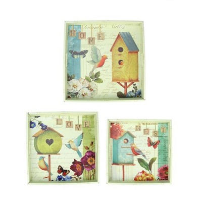 Northlight Set of 3 Birdhouse Garden Theme Square Wooden Serving Trays 16" - Green/Blue