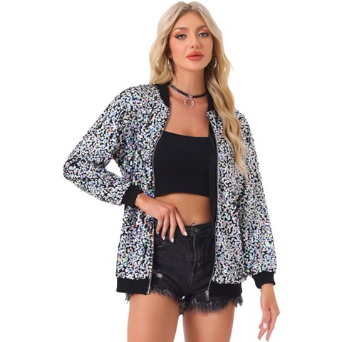 Allegra K Women's Sequined Shiny Long Sleeve Party Zipper Bomber Jacket Silver Large