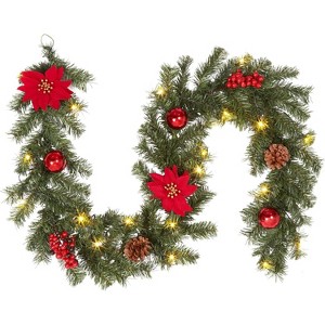 Pre-Lit Christmas Garland with 20 Warm White LEDs, Faux Greenery with Pine Cones & Berries for Mantle, Stairs, Fireplace and Banister - 1 of 4