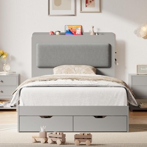 Modern Twin Platform Bed Frame with Upholstered Headboard, Storage Shelves, and 2 Hidden Drawers - 1 of 4