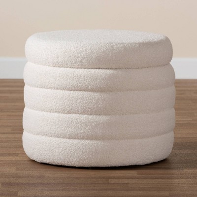 Ivory Boucle Round Storage Ottoman with Tufted Design