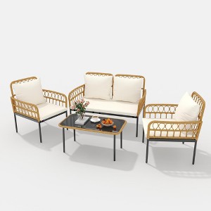 homfan 4-Piece Patio Furniture Set, Outdoor Wicker Rattan Chairs with Glass Table, Outside Bistro Set with Removable Cushions - 1 of 4