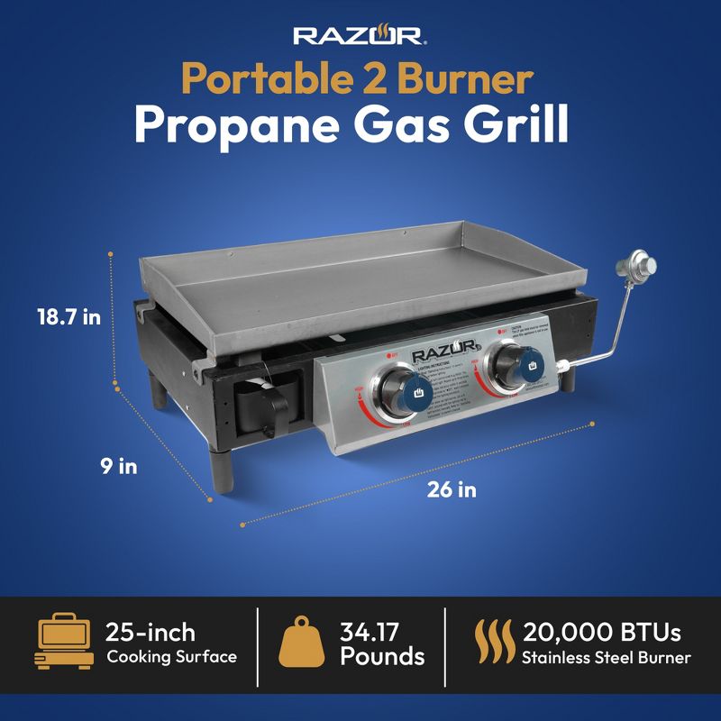 Razor Griddle GGT2130M 25 Inch Outdoor 2 Burner Portable LP Propane Gas Grill Griddle with 318 Square Inch for BBQ Cooking and Frying, Black (Steel), 4 of 8