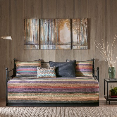 6Pcs Reversible Daybed Cover Set Lodge-Inspired Quilted Stripes, Microfiber Cotton Blend