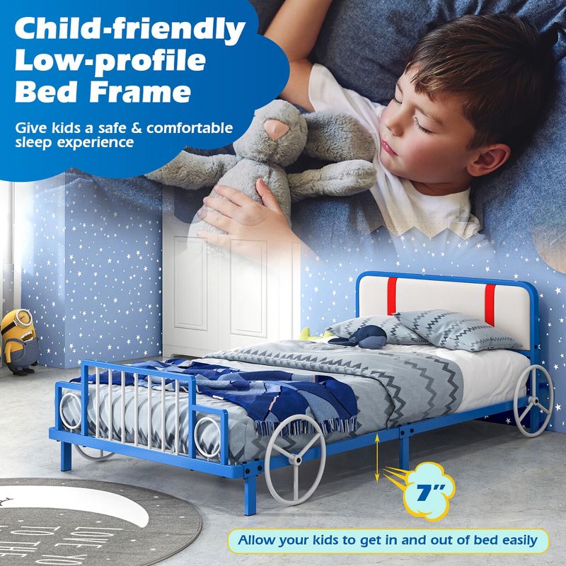 Tangkula Twin Size Kids Bed Frame Car Shaped Metal Platform Bed w/ Upholstered Headboard, 5 of 11