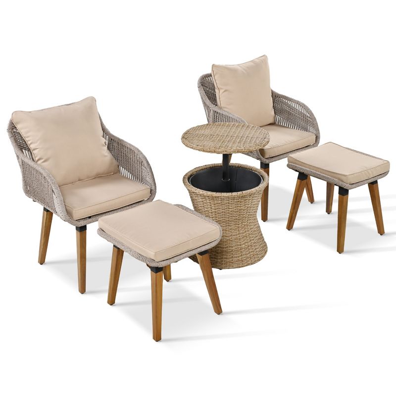 5-Piece Patio Conversation Set with 2 Ottomans, Outdoor Furniture Bistro Set with Wicker Cool Bar Table 4A - ModernLuxe, 4 of 13