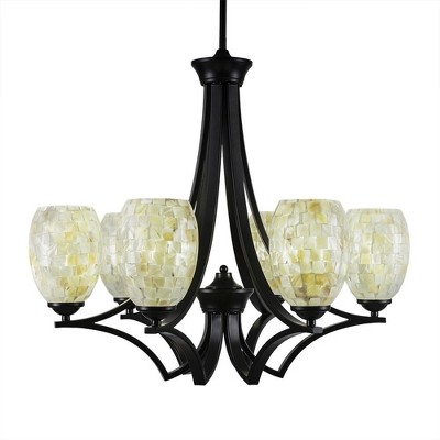 Toltec Lighting Zilo 6 - Light Chandelier in  Matte Black with 5" Ivory Glaze Seashell Shade