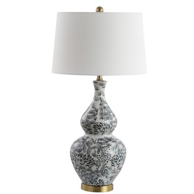 Exotic Floral Black & White Ceramic Table Lamp Set with Brass Accents