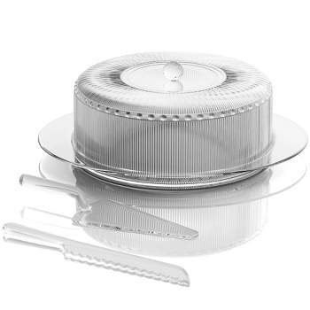 Elle Decor Acrylic 4 Piece Clear Cake Serving Set, 10.5 Cake Stand w/ Ribbed Dome Cover, Cake Server, and Knife, For Cutting & Serving Desserts