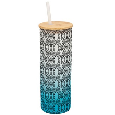 Elanze Designs Vintage Floral Damask Wallpaper Pattern Wrap-Around Design 25 Ounce Frosted Gradient Glass On-The-Go Coffee Travel Skinny Tumbler Mug