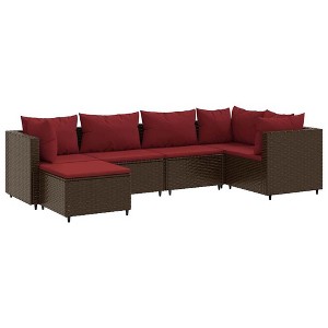 vidaXL Patio Lounge Set with Cushions Sectional Sofa Garden Backyard Poly Rattan - Brown and Red 3x Corner 2x Middle Footrest - 1 of 4