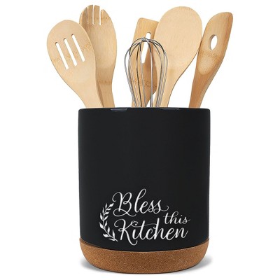 Elanze Designs Bless This Black X-Large Cork Bottom Kitchen Utensil Holder