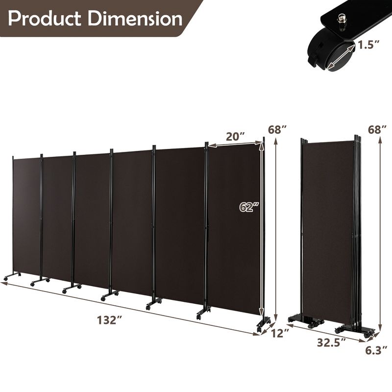 Costway 6-Panel Folding Room Divider 6FT Rolling Privacy Screen with Lockable Wheels Black/Brown/Grey/White, 3 of 11