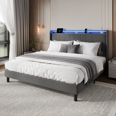 Multifunctional Bed Frame with Charging Station and LED Lights, Upholstered Headboard, 10 Inch Height Platform Bed with Storage Shelves