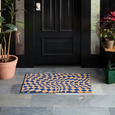 Blue and Natural Coir Checkerboard Outdoor Door Mat, 24" x 36"