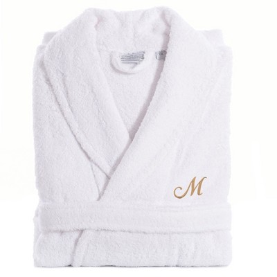 Linum Home Textiles 100% Turkish Cotton Unisex Personalized Terry Bathrobe White in Gold Script Font