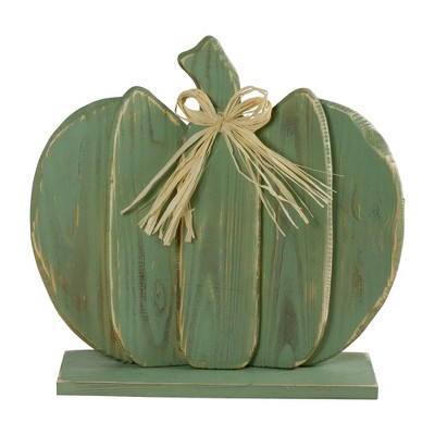Northlight Fall Harvest Wooden Pumpkin with Bow Decoration - 14.75" - Sage Green