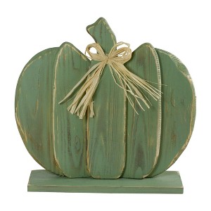Northlight Fall Harvest Wooden Pumpkin with Bow Decoration - 14.75" - Sage Green - 1 of 4