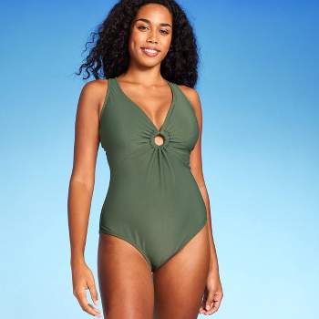Women's Ribbed Plunge Ring Detail One Piece Swimsuit - Shade & Shore™ Dark Green M