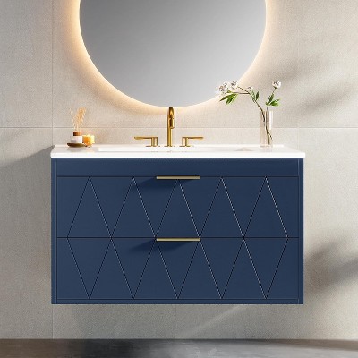 Tribesigns 30" Floating Bathroom Vanity with Sink, Modern Vanity Bathroom Cabinet Wall Mount with Decor Line, Navy Blue