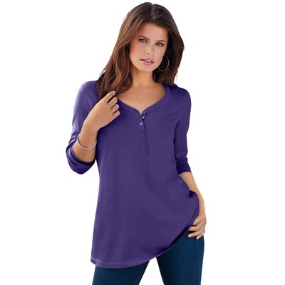 Roaman's Women's Plus Size Long Sleeve Henley Ultimate Tee With Sweetheart Neck