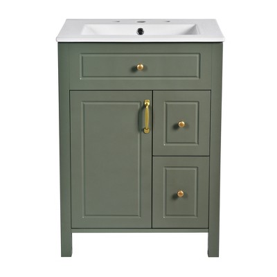 Vynxaria 24-Inch Bathroom Vanity - Ceramic Sink, 1 Soft-Close Door, 2 Soft-Close Drawers, Double Door Racks,Green