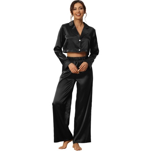 cheibear Women's Pajama Sleep Shirt Nightwear Sleepwear Lounge Satin Pj  Sets X-Small Black at  Women's Clothing store
