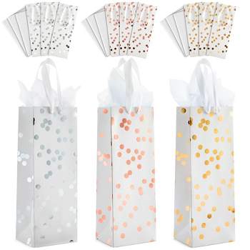 Sparkle and Bash 12 Pack White and Gold Foil Polka Dot Wine Bottle Gift Bags with Tissue Paper