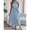 Women Summer Sleeveless Midi Dresses Casual Pleated Mock Neck Midi Dresses With Belt A Line Flowing Dress - 4 of 4