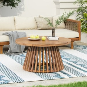 ORRD 31.5" Round Acacia Wood Coffee Table with Striped Base - Stylish, Durable for Courtyard/Patio, Easy Assembly - 1 of 4