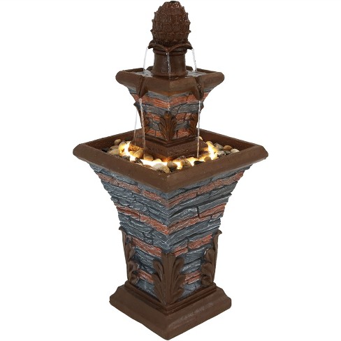 33 H Polyresin 2 Tier Stacked Stone Look Outdoor Water Fountain With Led Rope Light Sunnydaze Decor