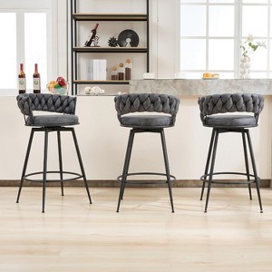DYHOME 28 inch Bar Stools Set of 3, Modern Counter Height Bar Stools, 360° Swivel Suede Fabric Stool Chairs with Woven Back and Footrest - 1 of 4