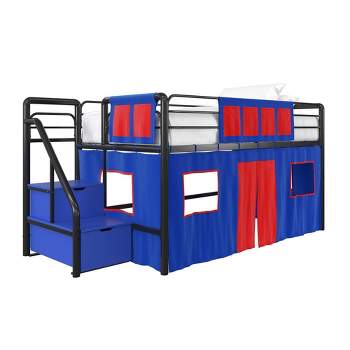 Kids' Junior Metal Loft Bed with Storage Steps and Curtain Set Black/Blue - Room & Joy