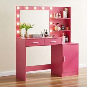 KWPZQEB Vanity Desk with Mirror and Lights, Dressing Table with 2 Drawers, 2 Shelves, Cabinet & 3 Lighting Modes Adjustable Brightness for Bedroom - 1 of 4