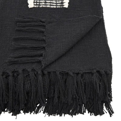 Black Cotton Throw Blanket with Fringed Lines, 50 x 60 Inch