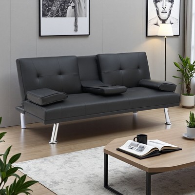 67" PU Leather 2-Seater Folding Sofa Bed with Coffee Table