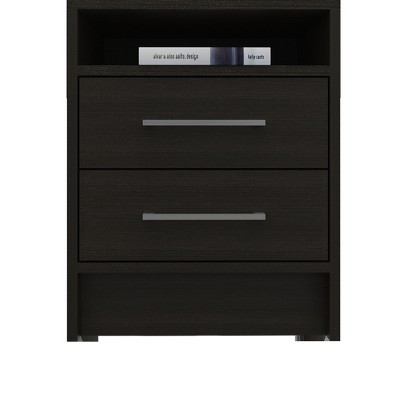 Vynxaria Stylish Multifunctional 2-Drawer 1-Shelf Rectangle Nightstand, Black Wengue, Durable All-Metal Railings & Pulls