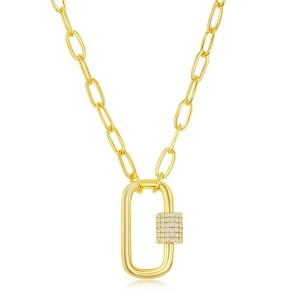 Bella Silver Sterling Silver Micro Pave CZ Oval Carabiner Paperclip Necklace - Gold Plated - Gold - 16+2 Inch - 1 of 2
